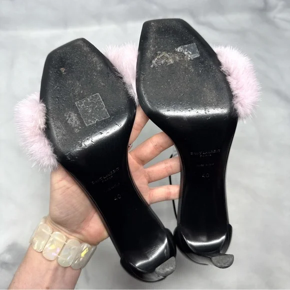Saint Laurent Bea Mink Fur Leather Square Toe Ankle Strap Stiletto Sandal Heels - Picture 10 of 16